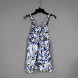 Tommy Bahama Tank Top Womens Small Blue White Linen Tropical Palm Tie Front